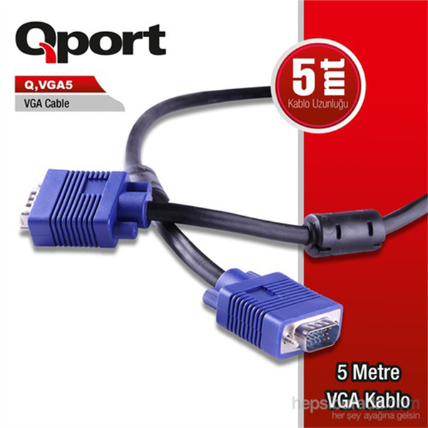 Qport Q-VGA5 15 Pin Filtreli 5M Erkek Erkek Monitör Kablo