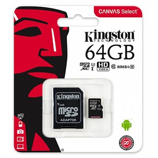Kingston Canvas Select 64GB microSD 80MB/s Class 10 UHS-I SDCS/64GBSP Hafıza Kartı 